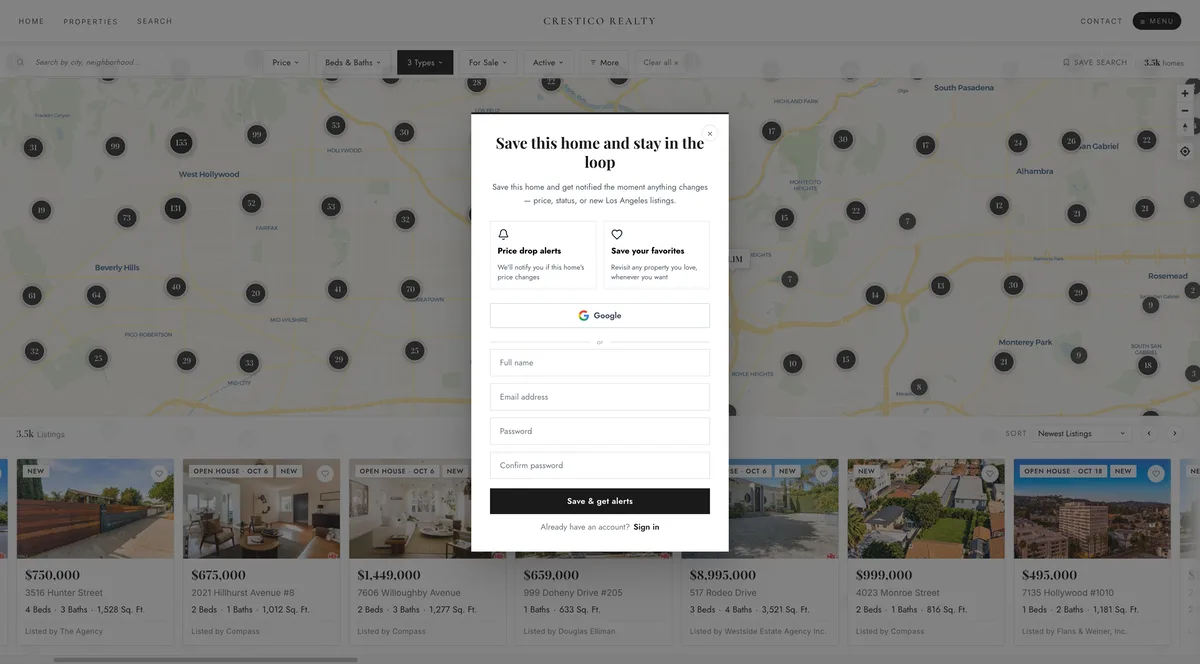 An AeroIDX search page for Crestico Realty, with a map of Los Angeles and a row of listing cards dimmed behind a lead capture window. The window reads Save this home and stay in the loop, with two cards for Price drop alerts and Save your favorites. Under them is a Google button, then an or divider above the Full name, Email address, Password and Confirm password fields, a black Save & get alerts button and an Already have an account? Sign in link