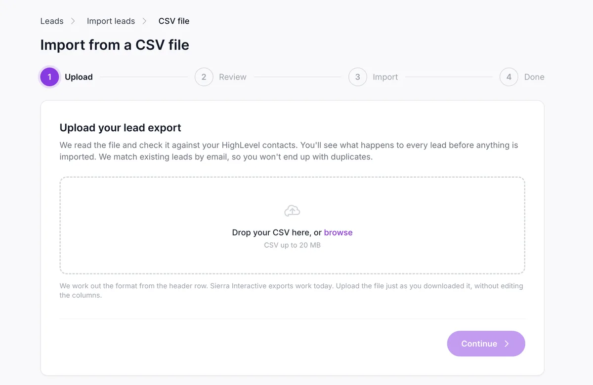 The Import from a CSV file screen in AeroIDX, on step 1 of 4 (Upload, Review, Import, Done), with a drop zone reading Drop your CSV here, or browse, a CSV up to 20 MB limit, and a note that the format is worked out from the header row with Sierra Interactive exports supported
