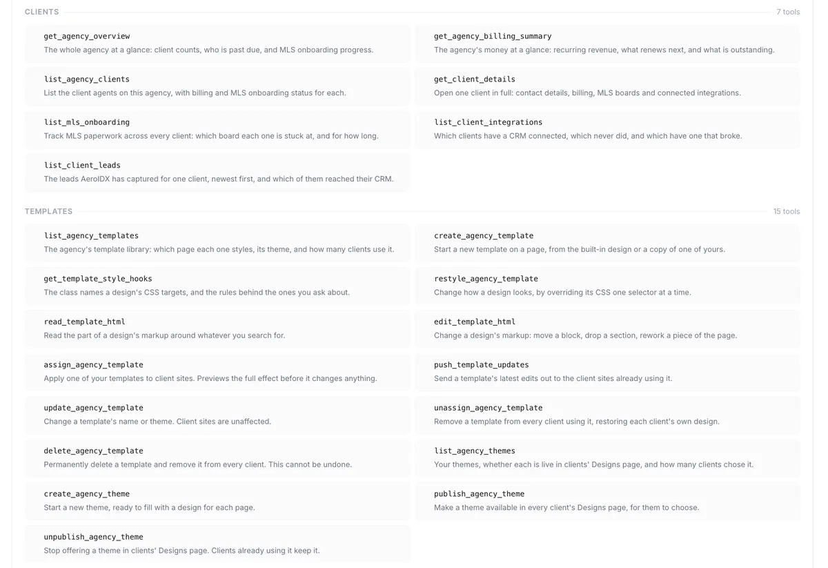 The tool list on the AeroIDX MCP page for an agency account, showing two groups of monospace tool names, each over a one-line description. The CLIENTS group is marked 7 tools. get_agency_overview is the whole agency at a glance: client counts, who is past due, and MLS onboarding progress. get_agency_billing_summary is the agency's money at a glance: recurring revenue, what renews next, and what is outstanding. list_agency_clients lists the client agents on this agency, with billing and MLS onboarding status for each. get_client_details opens one client in full: contact details, billing, MLS boards and connected integrations. list_mls_onboarding tracks MLS paperwork across every client, which board each one is stuck at and for how long. list_client_integrations says which clients have a CRM connected, which never did, and which have one that broke. list_client_leads gives the leads AeroIDX has captured for one client, newest first, and which of them reached their CRM. The TEMPLATES group is marked 15 tools. list_agency_templates is the agency's template library: which page each one styles, its theme, and how many clients use it. create_agency_template starts a new template on a page, from the built-in design or a copy of one of yours. get_template_style_hooks gives the class names a design's CSS targets, and the rules behind the ones you ask about. restyle_agency_template changes how a design looks, by overriding its CSS one selector at a time. read_template_html reads the part of a design's markup around whatever you search for. edit_template_html changes a design's markup: move a block, drop a section, rework a piece of the page. assign_agency_template applies one of your templates to client sites, and previews the full effect before it changes anything. push_template_updates sends a template's latest edits out to the client sites already using it. update_agency_template changes a template's name or theme, and client sites are unaffected. unassign_agency_template removes a template from every client using it, restoring each client's own design. delete_agency_template permanently deletes a template and removes it from every client, which cannot be undone. list_agency_themes gives your themes, whether each is live in clients' Designs page, and how many clients chose it. create_agency_theme starts a new theme, ready to fill with a design for each page. publish_agency_theme makes a theme available in every client's Designs page, for them to choose. unpublish_agency_theme stops offering a theme in clients' Designs page, and clients already using it keep it
