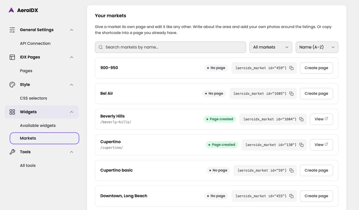The Your markets screen in the AeroIDX WordPress plugin admin. The sidebar lists General Settings with API Connection, IDX Pages with Pages, Style with CSS selectors, Widgets with Available widgets and Markets selected, and Tools with All tools. A note at the top says to give a market its own page and edit it like any other, writing about the area and adding your own photos around the listings, or to copy the shortcode into a page you already have. Below it sit a Search markets by name box, an All markets filter, and a Name A to Z sort. Each market is a row with its name, a status pill, its shortcode with a copy button, and an action button: 900-950 reads No page with the shortcode aeroidx_market id 459 and a Create page button, Bel Air reads No page, Beverly Hills reads Page created with the URL slash beverly-hills under its name and a View button, Cupertino reads Page created with slash cupertino, and Cupertino basic and Downtown, Long Beach both read No page