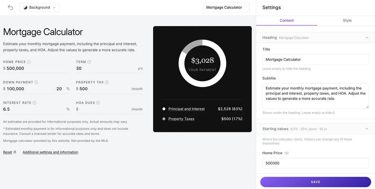 The AeroIDX widget builder editing a Mortgage Calculator widget. On the left, the calculator preview shows the Mortgage Calculator heading and its subtitle, inputs for Home Price $500,000, Term 30 yrs, Down Payment $100,000 at 20%, Property Tax $500 a month, Interest Rate 6.5 and HOA Dues, and a dark card with a donut chart reading $3,028 Your Payment, split into Principal and Interest $2,528 (83%) and Property Taxes $500 (17%). On the right, the Settings panel is on the Content tab, with the Heading section open showing the Title and Subtitle fields, and the Starting values section summarized as 6.5%, 20% down, 30 yr, with Home Price set to 500000 above a Save button