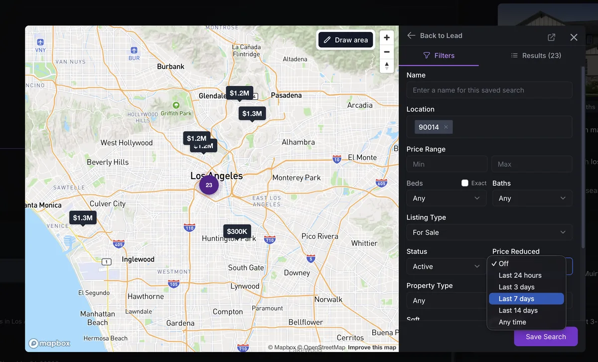 The saved search editor in AeroIDX, opened from a lead's profile with a Back to Lead link. A map of Los Angeles on the left shows price pins and a cluster of 23 results. On the right, the Filters tab has Name, Location with the ZIP code 90014, Price Range, Beds, Baths, Listing Type set to For Sale and Status set to Active. Beside Status, the Price Reduced dropdown is open with the options Off, Last 24 hours, Last 3 days, Last 7 days, Last 14 days and Any time, with Last 7 days highlighted, above a Save Search button