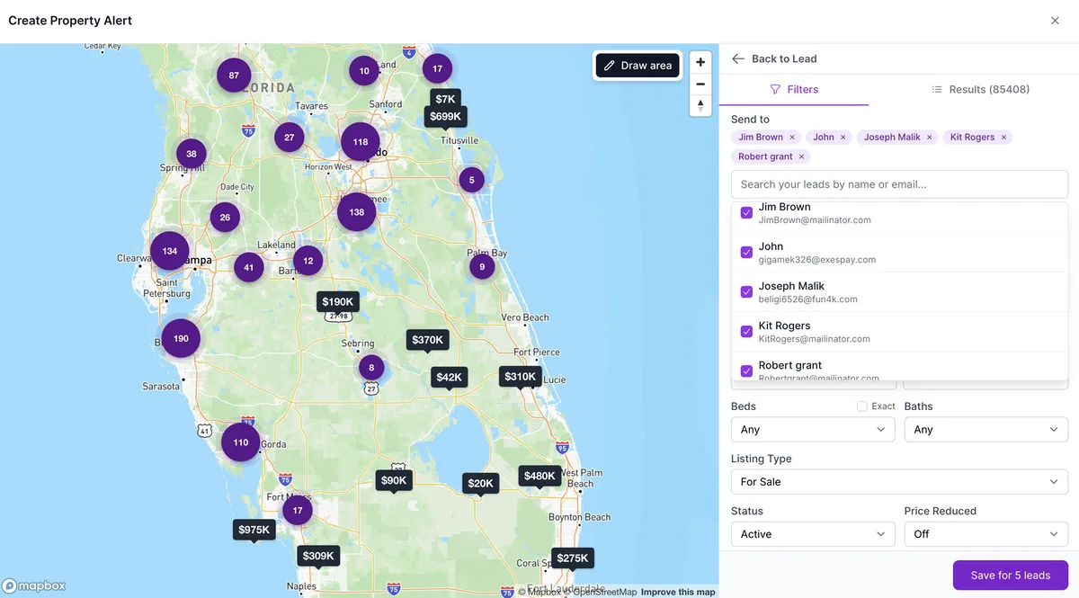 The Create Property Alert builder in AeroIDX. A map of central and south Florida on the left shows price pins and purple result clusters. On the right, the Filters tab opens with a Send to step: five leads, Jim Brown, John, Joseph Malik, Kit Rogers and Robert grant, appear as removable chips above a search box, and the dropdown under the search box lists each lead with their email and a checked box. Under it are the Beds, Baths, Listing Type set to For Sale, Status set to Active and Price Reduced set to Off filters, above a purple Save for 5 leads button