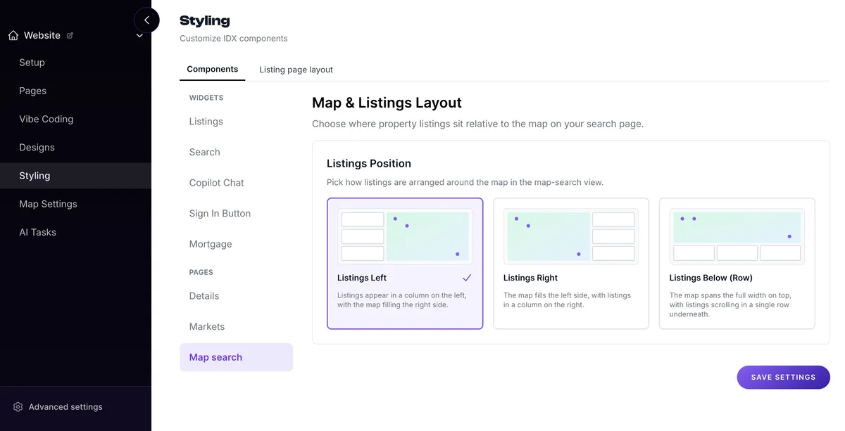 The AeroIDX Styling page on the Map search tab, open on a Map & Listings Layout section. Under a Listings Position heading are three cards, each with a small diagram of the layout it produces: Listings Left, ticked, with a column of listings beside a map that fills the right; Listings Right, with the map on the left and the listings down the right; and Listings Below (Row), with a full-width map above a row of listings. A Save Settings button sits below the cards