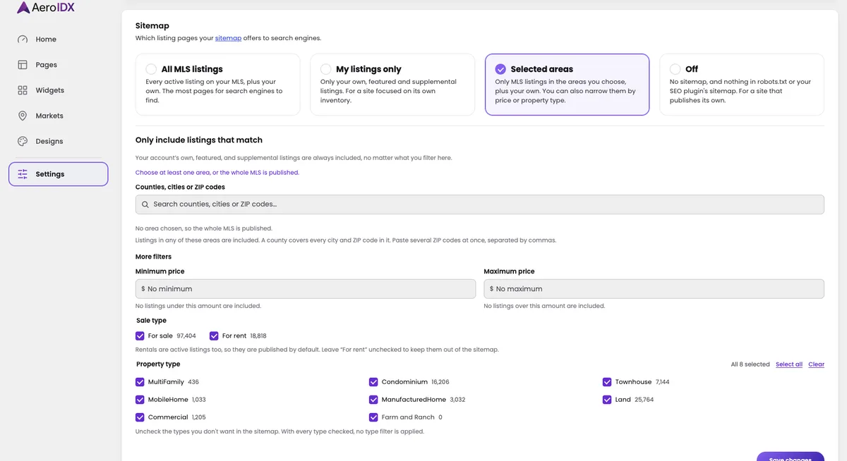 The Settings screen in the AeroIDX WordPress plugin admin, with the sidebar listing Home, Pages, Widgets, Markets, Designs and Settings, which is selected. The main panel is headed Sitemap, which listing pages your sitemap offers to search engines, above four option cards: All MLS listings, My listings only, Selected areas, which is checked and outlined in purple, and Off. Below them a section headed Only include listings that match notes that your account's own, featured and supplemental listings are always included, then a search bar reading Search counties, cities or ZIP codes, with the line no area chosen, so the whole MLS is published. Under More filters sit Minimum price and Maximum price fields reading No minimum and No maximum, a Sale type row with For sale 97,404 and For rent 18,818 both checked, and a Property type grid with all 8 selected: MultiFamily, Condominium, Townhouse, MobileHome, ManufacturedHome, Land, Commercial and Farm and Ranch, each with its listing count