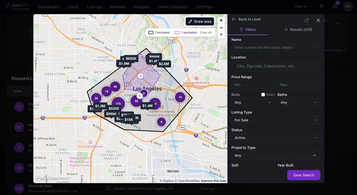 The map search open over a lead's saved search. A map of Los Angeles shows a large area drawn with a solid black outline, and inside it a smaller area drawn with a dashed purple outline covering Chinatown and the blocks north of downtown. Above the map, a counter reads 1 included, 1 excluded, with a Clear all link and a Draw area button. On the right, the Filters panel for the saved search shows Name, Location, Price Range, Beds and Baths, Listing Type set to For Sale, Status set to Active, and Property Type, with the Results tab reading 418