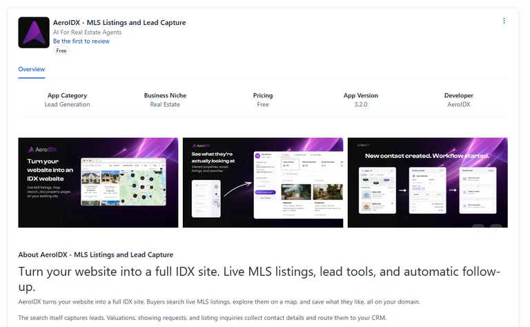 The AeroIDX listing in the GoHighLevel Marketplace, headed AeroIDX - MLS Listings and Lead Capture with a Free pill, above a row reading App Category Lead Generation, Business Niche Real Estate, Pricing Free, App Version 3.2.0, Developer AeroIDX