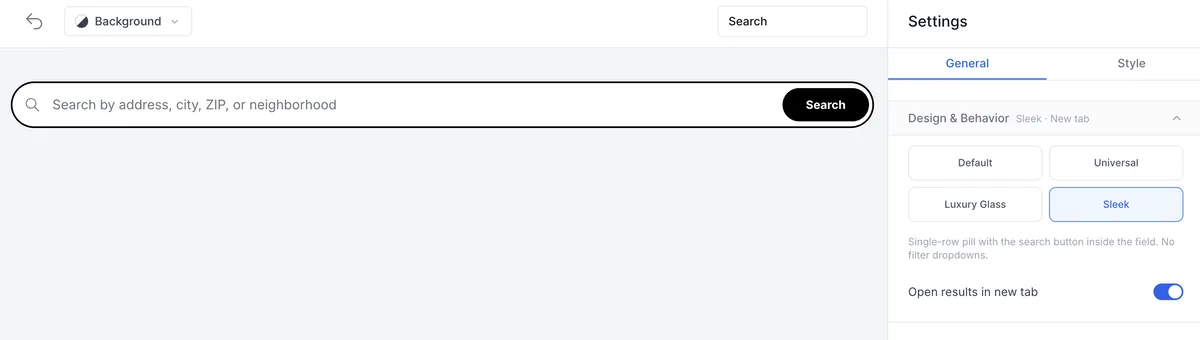 The AeroIDX search bar widget builder. A toolbar across the top holds an undo arrow, a Background color menu, and a field reading Search. The canvas below shows the widget preview: a wide black-outlined pill with a magnifying glass at the left, the placeholder Search by address, city, ZIP, or neighborhood, and a black Search button inside the field at the right end. On the right, a Settings panel is open on its General tab, beside a Style tab. A Design & Behavior section carries the summary Sleek · New tab, with four buttons under it in two rows: Default, Universal, Luxury Glass, and Sleek, which is selected and outlined in blue. Under them a note reads single-row pill with the search button inside the field, no filter dropdowns. Below that, an Open results in new tab row ends in a toggle switched on