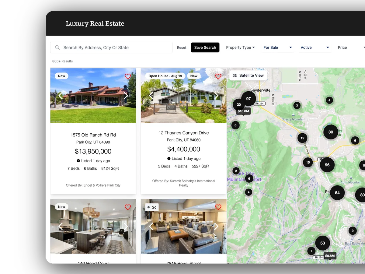 AeroIDX running on a live WordPress site: a property search page with MLS listing cards, saved-search filters, and a live map of Park City, Utah