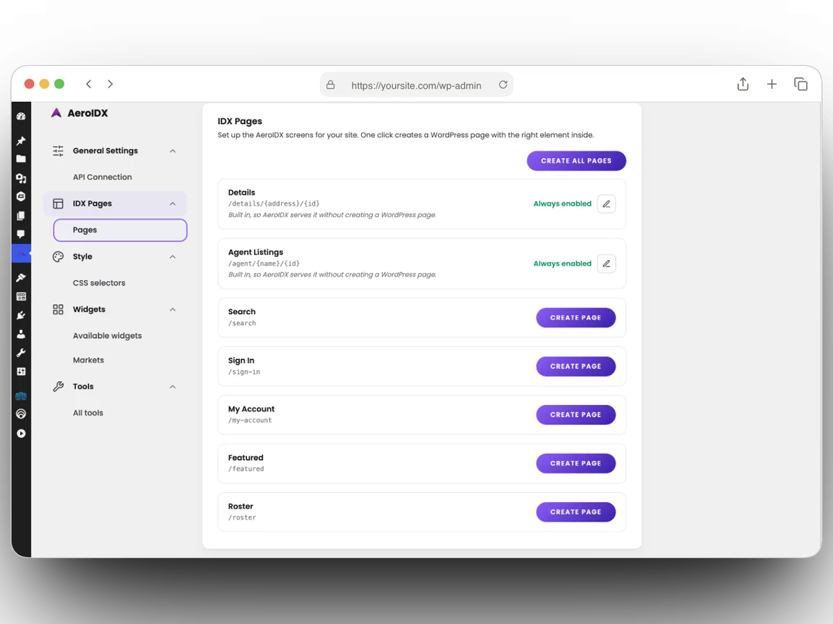 AeroIDX WordPress IDX plugin: the IDX Pages screen inside WordPress, where one click creates real estate pages for Search, Sign In, My Account, Featured, and Roster, with listing and agent detail pages always enabled