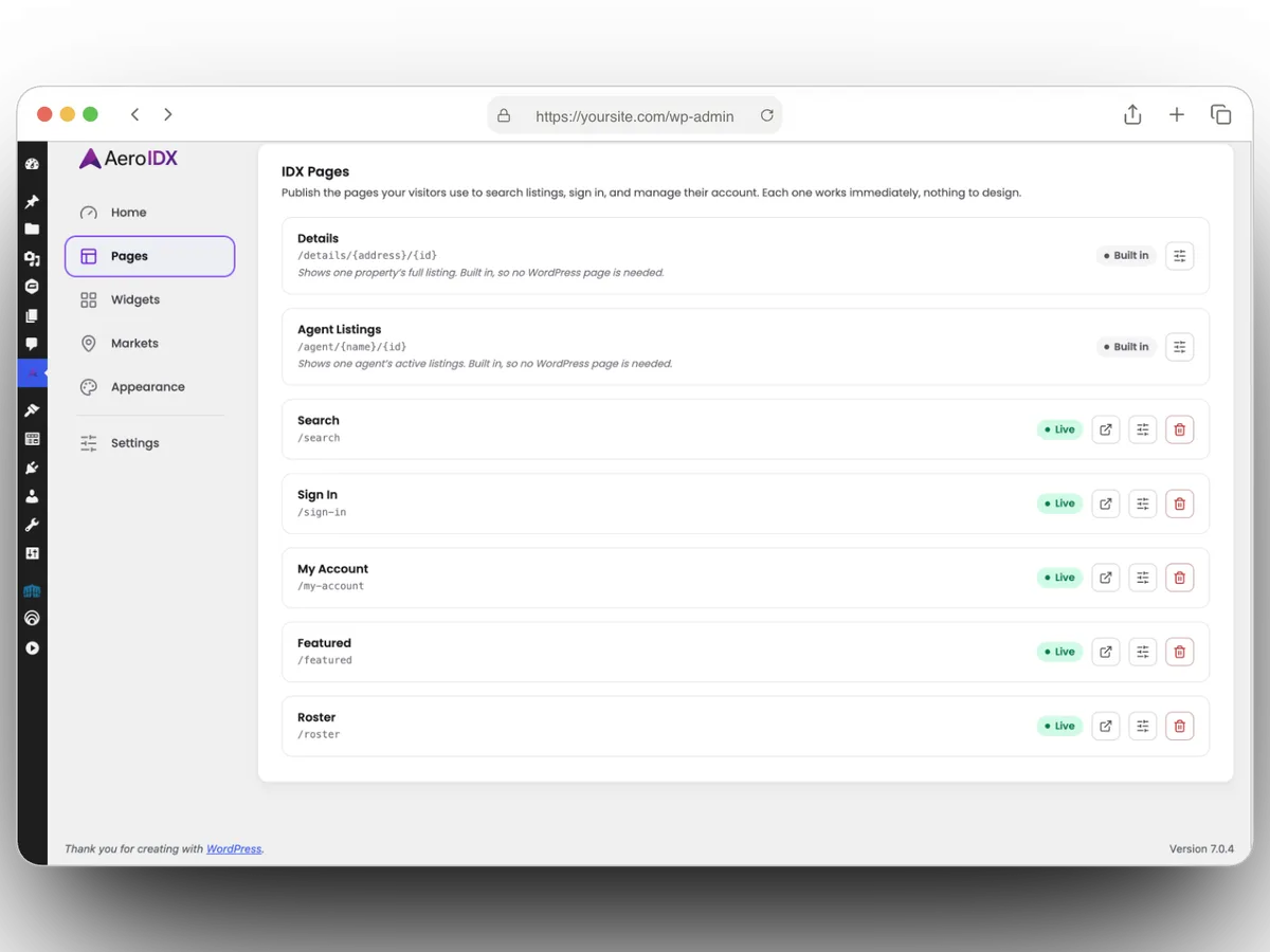 AeroIDX WordPress IDX plugin: the IDX Pages screen inside WordPress, where one click creates real estate pages for Search, Sign In, My Account, Featured, and Roster, with listing and agent detail pages always enabled