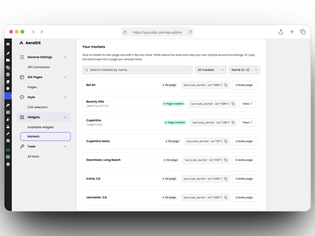 AeroIDX WordPress IDX plugin: the Markets screen inside WordPress, listing each market area with its shortcode and a one-click button to create its WordPress page