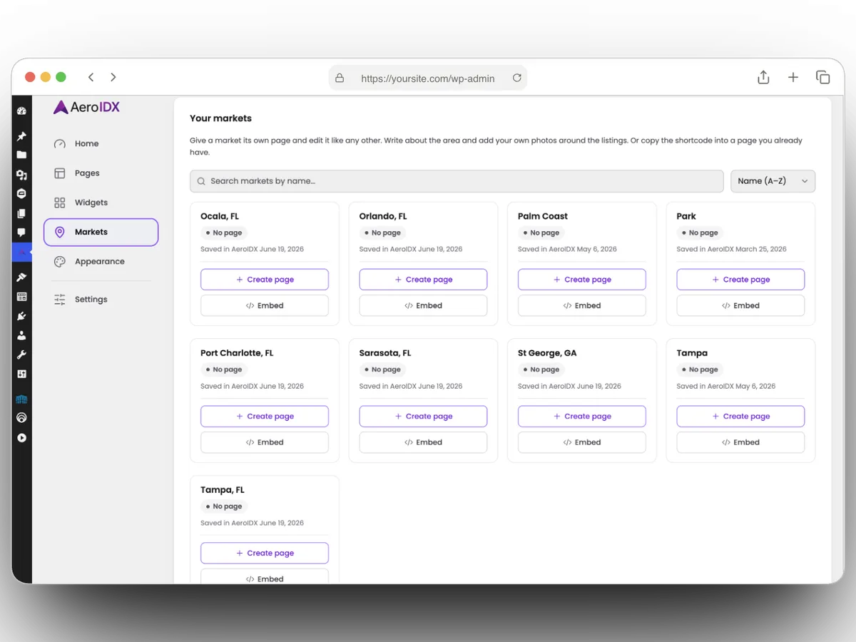 AeroIDX WordPress IDX plugin: the Your markets screen inside WordPress, listing each market area as a card with a one-click Create page button and an Embed button for its shortcode