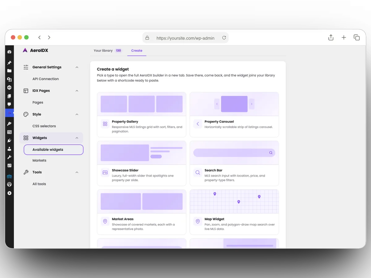 AeroIDX WordPress IDX plugin: the Available Widgets screen inside WordPress, offering Property Gallery, Property Carousel, Showcase Slider, Search Bar, Market Areas, and Map MLS widgets