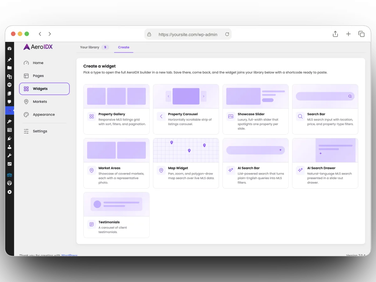 AeroIDX WordPress IDX plugin: the Create a widget screen inside WordPress, offering Property Gallery, Property Carousel, Showcase Slider, Search Bar, Market Areas, Map Widget, AI Search Bar, AI Search Drawer, and Testimonials