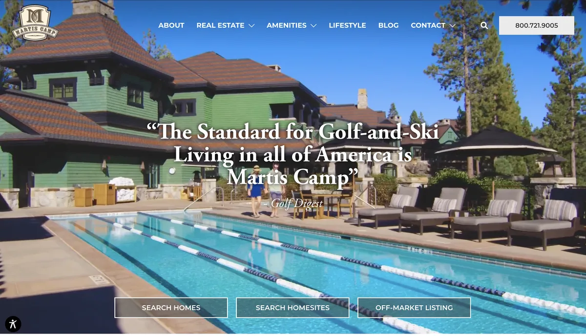 Martis Camp homepage: a lap pool and lounge chairs in front of the green-shingled Camp Lodge, under a Golf Digest quote calling Martis Camp the standard for golf-and-ski living in America, with Search Homes, Search Homesites and Off-Market Listing buttons.