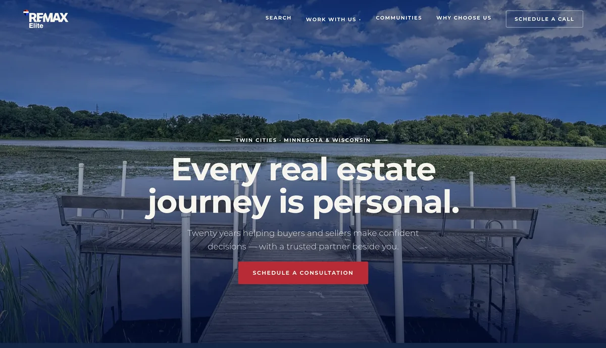 The Andrea Scanlon Team homepage: Every real estate journey is personal over a wooden dock on a Minnesota lake, with the RE/MAX Elite logo and a Schedule a Consultation button.