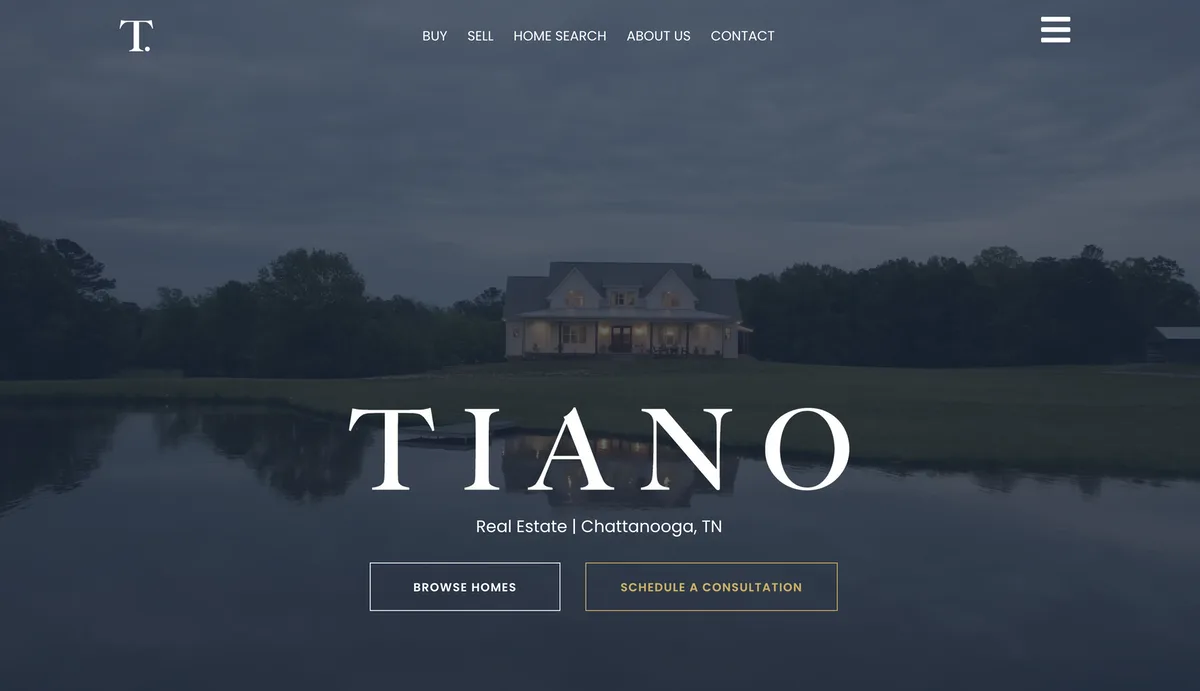 The Tiano Group homepage: TIANO in large serif letters over a farmhouse lit at dusk across a still pond, with Browse Homes and Schedule a Consultation buttons.